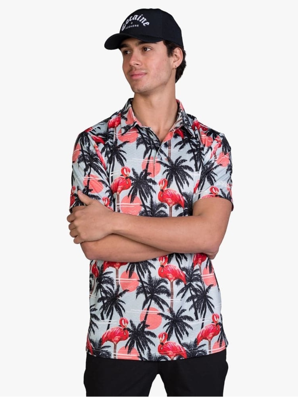 Golf Gods Miami Vice Cool Tech Performance Golf Polo Flamingo Palm Print XL